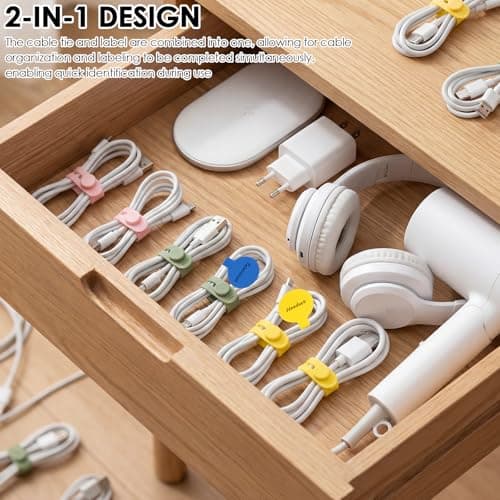 Silicone Cable Ties Reusable 20 Pack - Adjustable Cord Organizer with 12 Writable Cord Labels, Elastic Wire Management Ties for Phone Charger, USB, PC, Travel Gadgets & Small Appliances — view 5