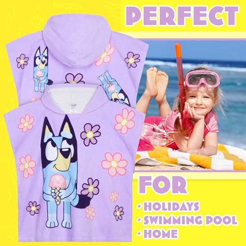 Bluey Bath Towel with Hood for Kids Absorbent Changing Robe Cotton Poncho for Swimming Bath Shower Beach Towel Holiday Essentials (Purple, 3-8 Years) — view 2