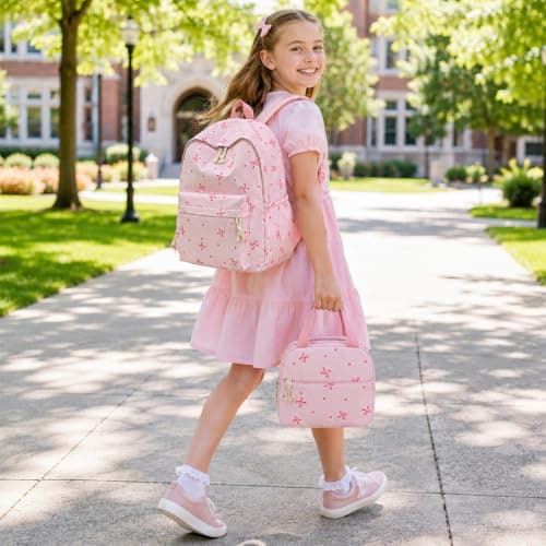3-Piece Bow School Bag Set, Adorable Bow Bag, Pink Girls Backpack for School, Polyester Backpack + Lunch Bag + Pencil Case, for Teens Students Daily Use, Commute Travel Hiking Camping — view 3
