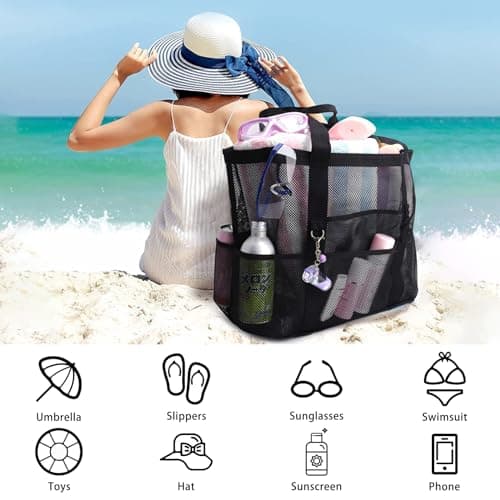 KUAOOAUK Large Mesh Tote Bag with 9 Pockets, Black Waterproof Beach Bag — view 6
