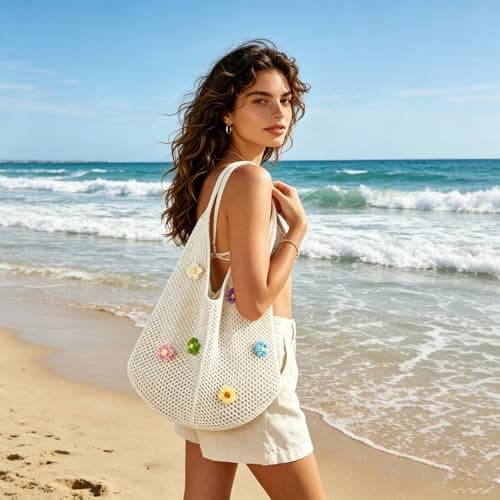 FOSDICK Crochet Beach Bags for Women, Summer Beach Tote Bag, Weave Large Capacity Pool Bag Featuring Six Flowers, Foldable Holiday Bags for Women for Travel Shopping Picnic (Off White) — view 4