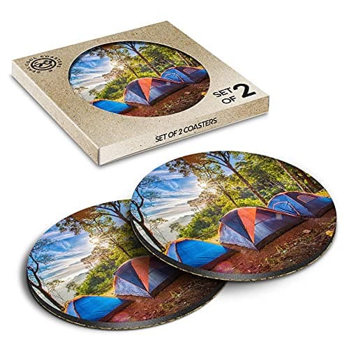 2 x Eco Boxed Cork Coasters - Camping Family Tent Camp Site Drink Cup Mug Glass Table Mat #16470