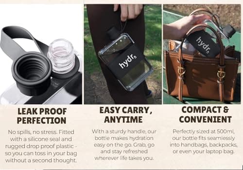 hydr Flat Water Bottle For Handbag & Flexible Cleaning Brush | 500ml Tritan BPA Free Slim Travel Water Bottle, small bottle for handbag (Nero Black) — view 3