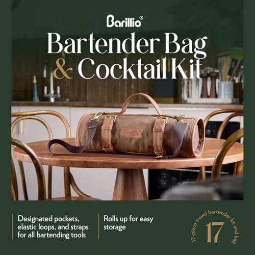 Barillio Bartender Kit Bag with Gold Cocktail Shaker Set - Waxed Canvas, Traveling Bar Tools Bag with 17-Pc Cocktail Kit - Travel Mixology Bartending Kits - Mobile Bar Roll with Strap & Accessories — view 2