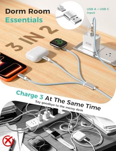 2Pack Travel Essentials,3 in 2 USB C Cable for Apple Watch Charger,iPhone Charger,Multi Charging Cable,Cruise Vacation Camping,Portable for iWatch Series 11-2/Ultra/SE & iPhone 17-12,Car,Blue-6FT — view 2