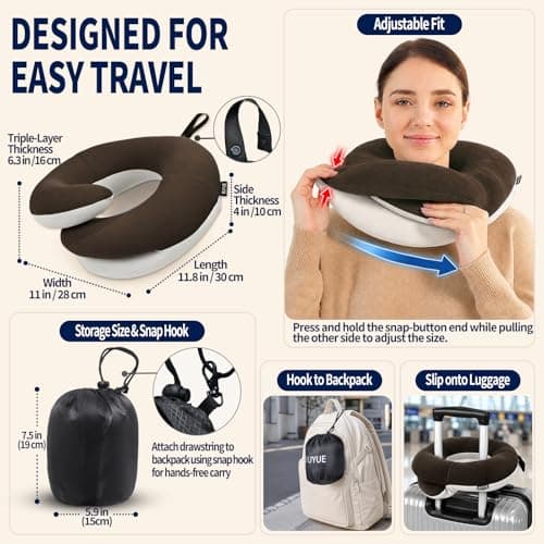 BUYUE Travel Neck Pillows for Airplanes, 360° Head Support Sleep for Long Flight, Skin-Friendly & Breathable, Kit with 3D Contoured Eye Mask, Earplugs and Storage Bag (Large, Brown, 90+ lbs) — view 5