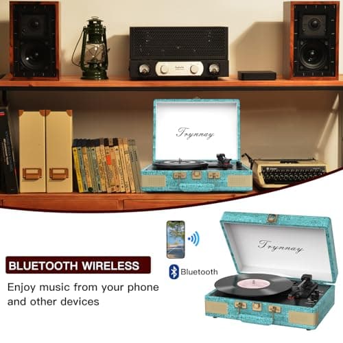 Trynnay Record Player 3 Speed Bluetooth Portable Suitcase Vinyl Player with Built-in Speakers Turntable Enhanced Audio Sound Sky Blue — view 3