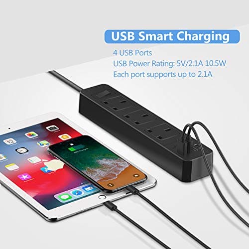 JSVER Extension Lead with 4 USB Ports Desktop Power Strip Smart Charging Station 3 Outlets USB Power Socket for Home Travel, Black — view 4