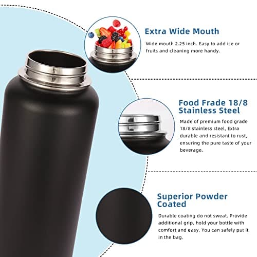 Volhoply 1200ml Insulated Water Bottles Paracord Handle, Stainless Steel Sports Bottle with Spout Lid, Double Walled Travel Water Cups with Wide Mouth, Reusable Water jug for Adults (Black, 1 Set) — view 4