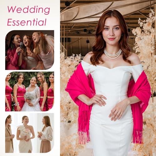 Abeillo Shawl Wraps for Women, Soft Pashmina Shawl with Fringes Blanket Wrap for Wedding Evening Dresses, Travel Accessory (Hot Pink) — view 6