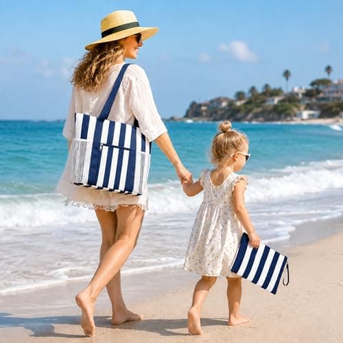 TAHAVICE Large Beach Bags for Women, Waterproof Summer Beach Tote Bag with Zip and Wet Compartment, Holiday Lightweight Bags for Travel, Pool (Navy Strip) — view 3