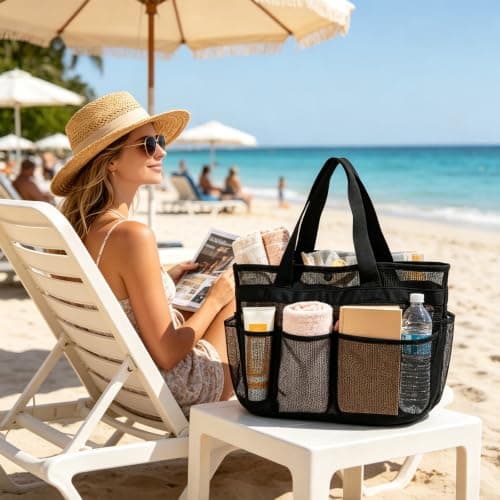 Ehuixinsheng Black Mesh Beach Bag,Lightweight Foldable Quick Dry Summer Net Beach Bag Handheld Hollow Mesh Tote Bags for Women for Family Holiday Travel Picnic Swimming Pool Grocery Organizer — view 3