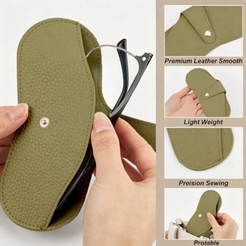 CREATCABIN Leather Sunglasses Case Soft Slim Glasses Case Flat Eyeglass Cases Portable Spectacle Cases Storage Pouch Lightweight with Cleaning Cloth for Women Men Travel Dark Olive Green 6.7x3.3 Inch — view 5