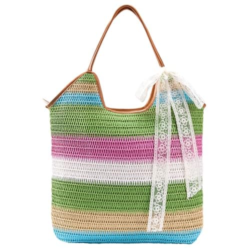 CorkAllin Straw Beach Tote Bag for Women - Large Colorful Handwoven Raffia Summer Vacation Bag, Perfect for Summer Travel Festival Pool