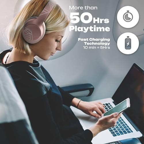 PowerLocus Bluetooth Headphones Over Ear, 50 Hours Playtime, 4 EQ Modes, Foldable Wireless Headphones with Microphone, HiFi Stereo, Lightweight & Wired Mode for Phone/Travel/PC (Rose Gold) — view 4