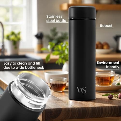 Tea & Fruit Infuser Water Bottle + Strainer + BPA-Free Fruit Insert | Vacuum Insulated 450ml Stainless Steel Flask | Portable Tea & Coffee Tumbler: Office, Outdoor, School, Sports, Bike - Black — view 4