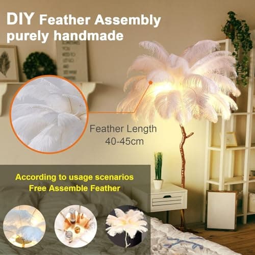 ANram Standing Bedside Lamps, Nordic Ostrich Feather Floor Lamp with 3 Color Light Switching, Gold Resin Light Body, Tall Pole Lamp Feather Lamps for Home Office Decor,Black,150x90cm/59x35in — view 6