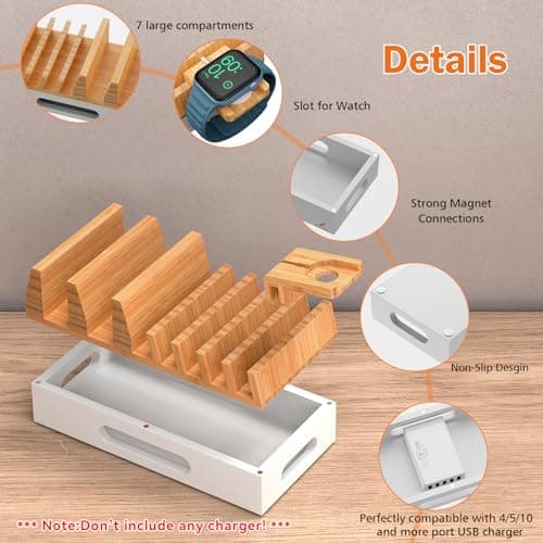 All In One Family Dock Station, Wooden Bamboo Charge Stand-Natural+White — view 3