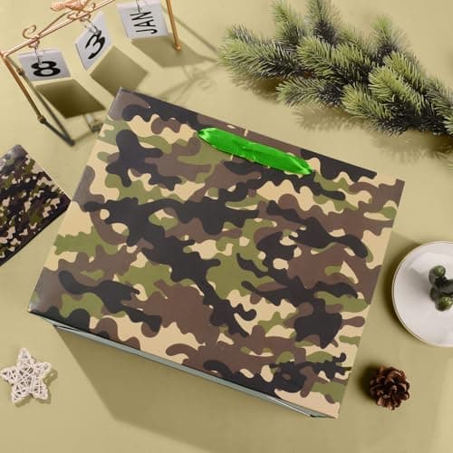 Camouflage Birthday Gift Bag with Card & 3 Sheets Green Tissue Paper, Army Military Theme Present Bag for Boys Men, Large Luxury Camo Wrap for Soldiers, Father's Day, Kids Party — view 6
