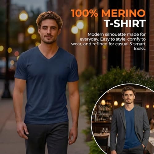 menique Men's 100% Merino Wool V-Neck T-Shirt Lightweight Top, Denim, XL — view 2