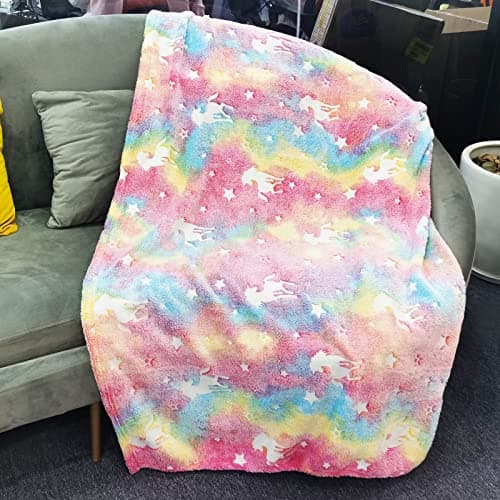 Hileyu Glow in the Dark Blanket, 120x150cm Soft Flannel Fleece Blanket for Kids, Rainbow Unicorn Pink — view 5