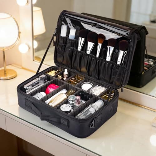 Makeup Bag Extra Large Travel Make Up Bag with Adjustable Compartment Professional Vanity Case Cosmetic Bags Makeup Organiser Bag Beauty Box Train Case Hairdressing Tools and Shoulder Strap, Black — view 2