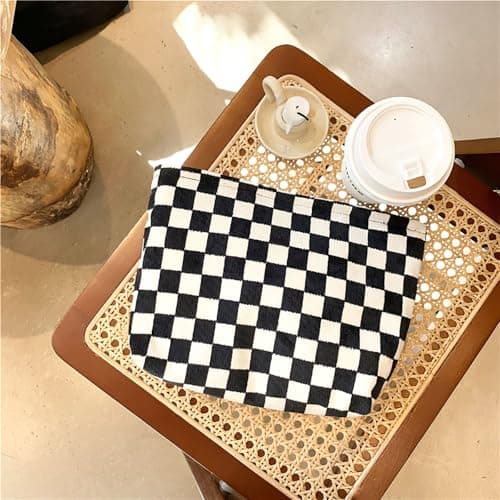 KEYRI Make up Bag Toiletry Bag Portable Travel Makeup Pouch Mini Cosmetic Bag Plaid Corduroy Zipper Pouch Cosmetic Organizer for Women and Girls Small Make up Bag (Black) — view 6