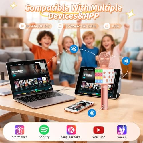 Fede Microphone for Kids Adults, Wireless Bluetooth Microphone with Flashing Colorful LED Lights Portable Speaker Karaoke Machine, Home KTV Player Support Android & iOS Devices for Party Singing — view 3