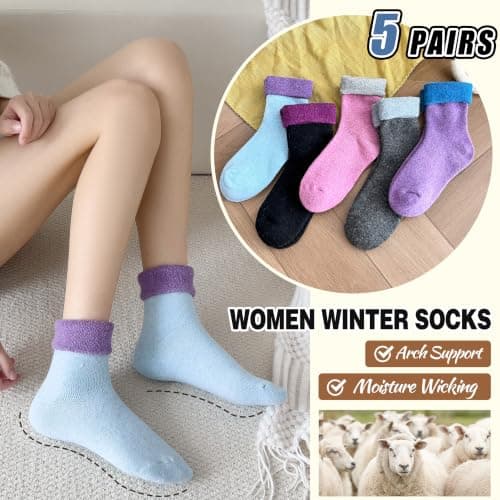 EBMORE Womens Merino Wool Socks Thermal Thick Warm Winter Cosy Boot Work Gift Stocking Fillers Women Hiking Walking Ladies Socks 5 Pairs(Turn Cuff Purple) — view 6