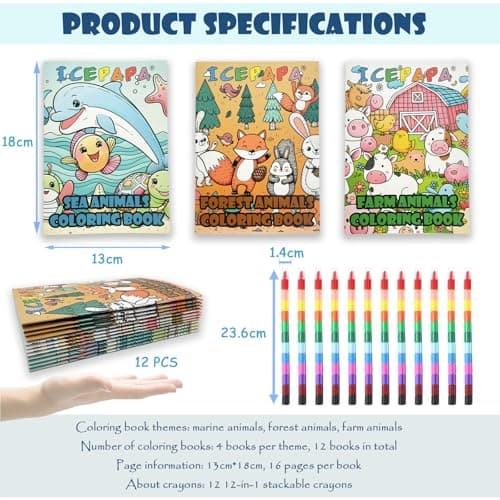 ICEPAPA, 12 colouring books for children and 12 crayons (12 colors in 1), mini colouring books for party bags, perfect for travel activity packs for kids and party bag fillers for kids unisex — view 6