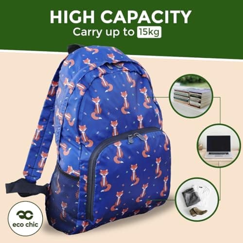ECO CHIC Lightweight Foldable Water Resistant Backpack Rucksack Folds into Pouch for Storage (Floral Navy) — view 2