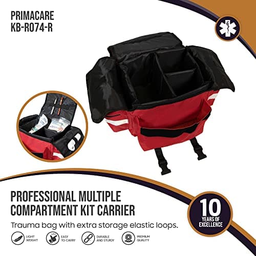 Primacare KB-RO74-R First Responder Bag for Trauma, Professional Multiple Compartment Kit Carrier for Emergency Medical Supplies, Red, 17 x 9 x 7 inches — view 4