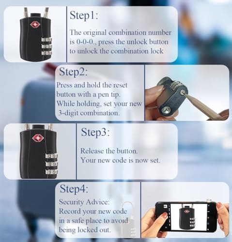 TSA Approved Luggage Locks (2 Pack) - 3 Digit Combination Padlock with Flexible Cable, Black Security Suitcase Locks for Travel Bags, Gym Lockers and Backpacks. — view 5