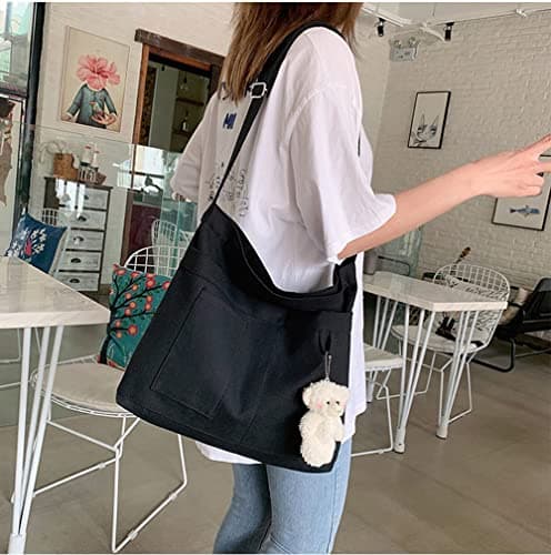 Laneko Cotton Tote Handbag Women Canvas Crossbody Beach Bag Hobo Crossbody Shoulder Bags Shopping Tote Bag with 3 External Pocket,Zipper Closure — view 3