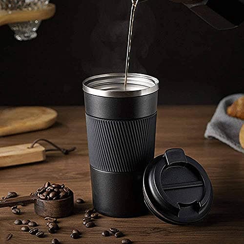 Coffee Cup, Vacuum Reusable Leakproof Double Wall Coffee Cup, Insulation Stainless Steel Eco-Friendly Travel Office Mug for Hot Coffee Tea and Cold Drinks, 17oz/510ml, Black — view 5