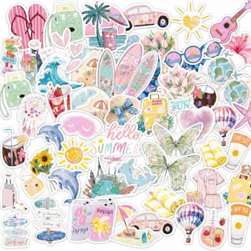 50 Pcs Summer Holiday Travel Stickers Aesthetic | Laser Film PET Waterproof Laptop Stickers for Water Bottle Scrapbook Luggage DIY Decor