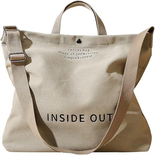 Large Canvas Tote Bag for Women 3 Small Inside Pockets-Vintage Crossbody Handbag for Work, Beach, Travel-16oz Cotton, Khaki, One Size