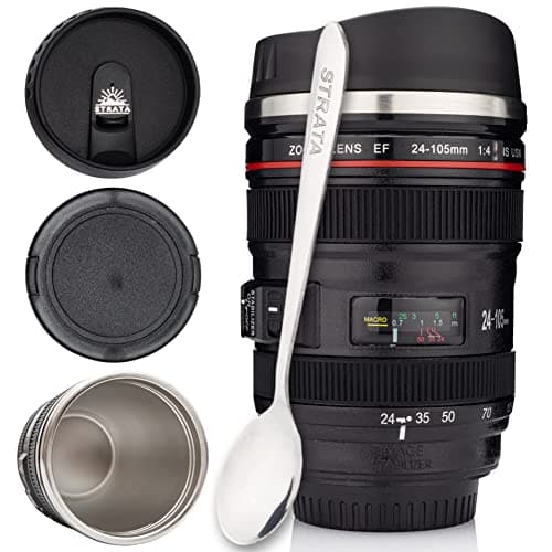 STRATA CUPS Camera Lens Coffee Mug -13.5oz | (2 LIDS + Spoon + Bag) Gift for Him, Dad Gifts, Photography, Camera Accessories, Novelty Gifts