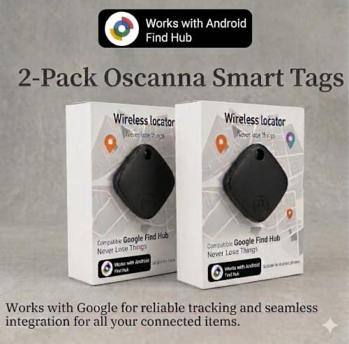 Oscanna Smart Tag 2 Pack for Google Find Hub, Bluetooth Item Trackers for Android, Keys, Bags and Luggage, Replaceable CR2032 Battery, Black — view 2