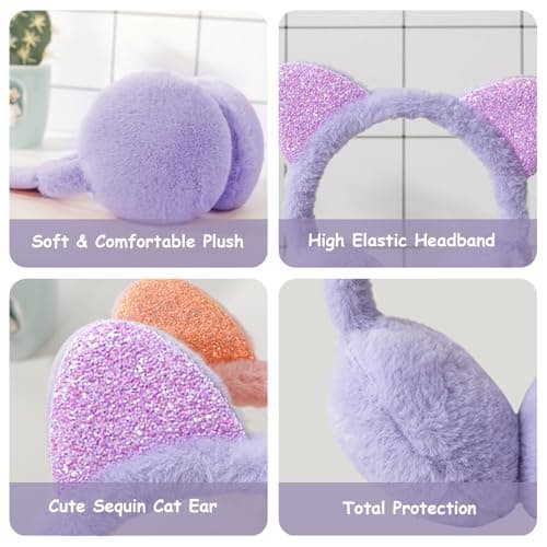 IHCEMIH Ear Muffs Women Girls Earmuffs Winter Accessories Fluffy Plush Adjustable Adults Outdoor Thermal Ear Warmer Skiing Running Cat Ears Covers Protector from Wind Cold Gift for Girls Purple. — view 3