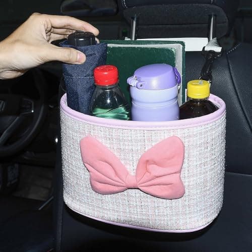 JSCARLIFE Car Seat Back Hanging Bag,PU Leather Car Back Seat Organizer Hanging Cotton and linen fabric Car Storage Box Travel Tidy Pouch Pocket Car Trash Can for Most Vehicles (Pink) — view 4