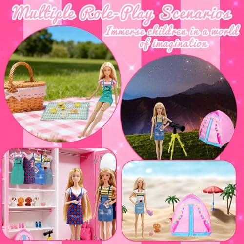 Carreuty 43 Pcs Doll Clothes Travel Camping Accessories, Camping Fashion Playset 1 Tent 1 Telescope 4 Dresses 4 Shoes 4 Pets 29 Accessories Set for 11.5 Inch Doll Girls Gift — view 3