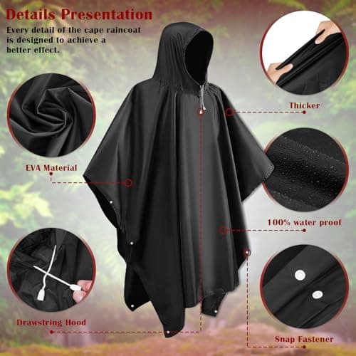 LEEPAT Waterproof Rain Poncho Adult Lightweight Reusable Hiking Rain Coat Jacket with Hood for Outdoor Hiking Camping Cycling Traveling (Black) — view 4