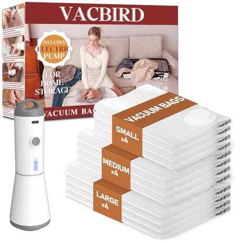 Vacbird Vacuum Storage Bags with Wireless Electric Pump, Compression Bags for Clothes, 12 Pack
