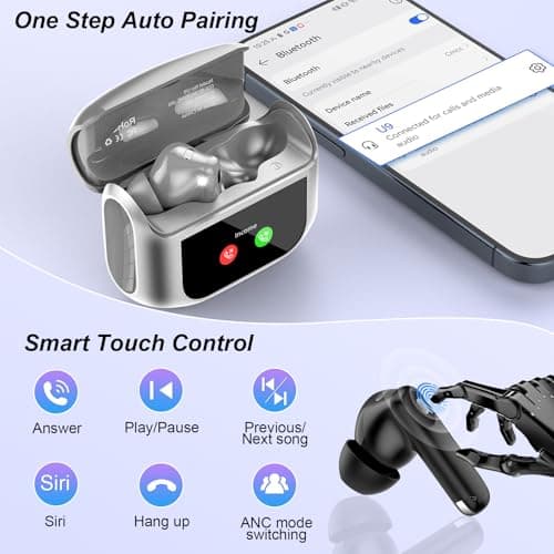 QXUFV Wireless Earbuds with Smart Touch Screen ANC Active Noise Cancelling Bluetooth 5.4 Headphones in Ear Earphones with HD Mic HiFi Stereo Sound, Bluetooth Earphones 40H Playtime IP7 (Gray) — view 6