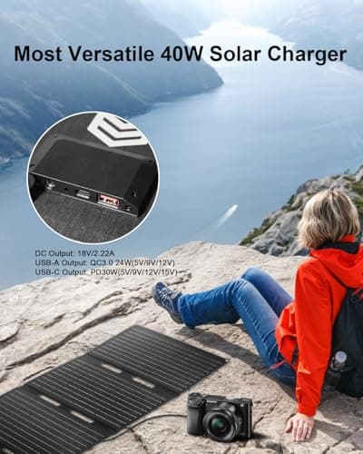 ELECAENTA 40W ETFE Portable Solar Panel with 3 Outputs, 18V DC/USB/USB-C PD30W, Foldable Monocrystalline Solar Charger, IP68 Waterproof, Light Weight for Phone, Power Bank, Generator, Camping Trip — view 3