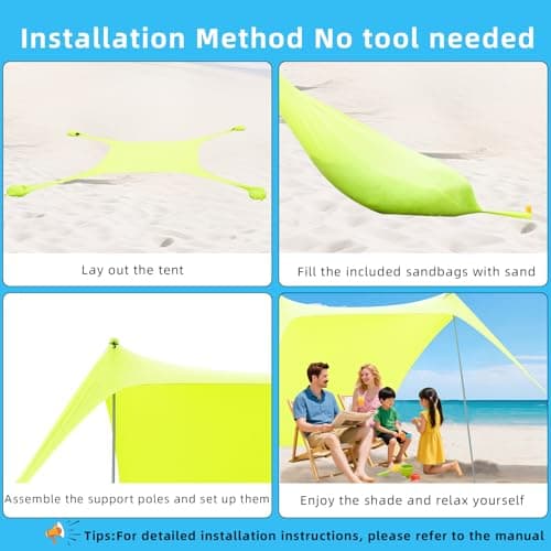 Cuupo Beach Tent 2 x 2.1 m Pop-Up SPF 50 Sun Protection, Anti-Wind Beach Shelter with Iron Stability Poles & Sandbags, Portable Sun Protection, Beach, Backyard, Camping, Travel, Suitcase, Fruit Green — view 4