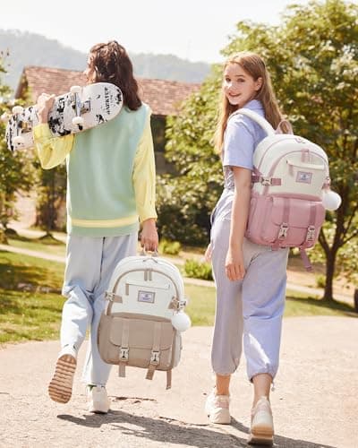 LOVEVOOK School Backpack Womens, School Bags for Girls Teens Aged 8-18, Water-Resistant Lightweight 15.6 Inch Laptop Bag, Classic High School Back to School Rucksack for Travel, Khaki-Beige — view 2