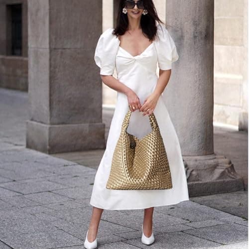 Dyalsa Women 2PCS Woven Tote Bag, Gold Leather Handbag Large Summer Beach Bag and Purse Handmade Hobo Bag Clutch Bag Set AL-010GD — view 2