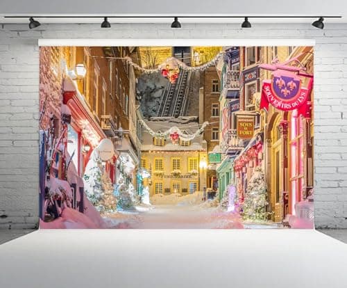 CHNBGPRO 1.5x1m Christmas Street Backdrop Europe Snowy Street Shop Christmas Trees Balls Background New Year Xmas Eve European Travel Birthday Party Decoration Portrait Photo Studio Booth Props — view 2